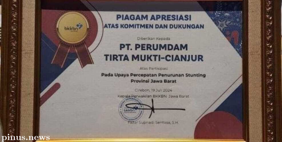 Air Digratiskan, Perumdam Tirta Mukti Cianjur Raih Piagam Apresiasi Pengentasan Stunting